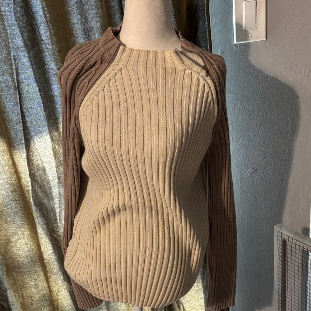 Armani Exchange Beige and Brown Ribbed Sweater